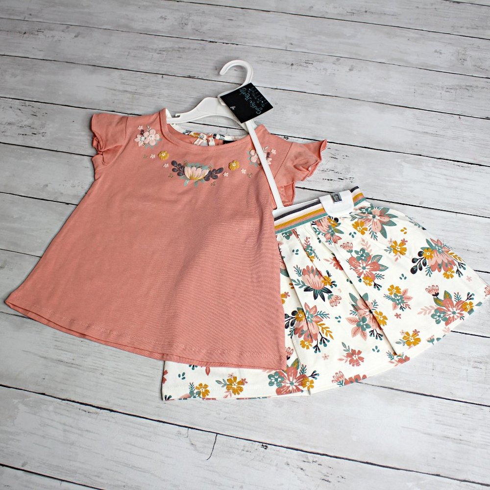 Cynthia Rowley Girls Top Skirt Skort Set Size 24 Months Pink Floral Skirt